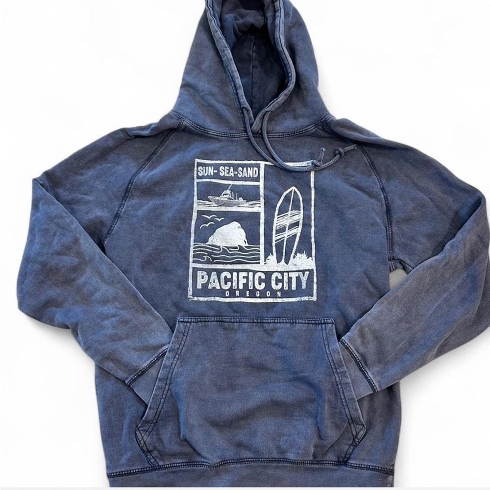 Blue and White Vintage Dye Pacific City Surf Hoodie Sweatshirt, Size Small